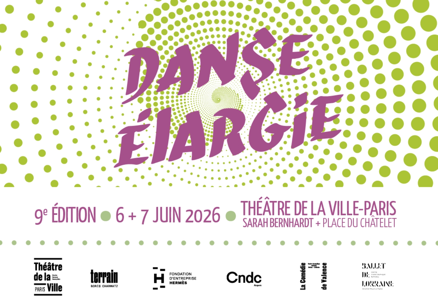 Danse Élargie, *Danse Élargie* est un concours international imaginé par *Boris Charmatz* Directeur du Musée de la danse (2009-2018) et de la compagnie Terrain, et *Emmanuel Demarcy-Mota*, Directeur du Théâtre de la Ville, et accompagné par la *Fondation d'entreprise Hermès* depuis sa première édition en 2010. 
Cette compétition est ouverte aux artistes de toutes disciplines (danse, théâtre, arts visuels, musique, philosophies poésie...). 
Cette sixième édition est rendue possible grâce aux soutiens du Ministère de la Culture-Direction Générale de la Création Artistique, de la S.A.C.D. et du Collectif FAIRE-CCN de Rennes et de Bretagne.